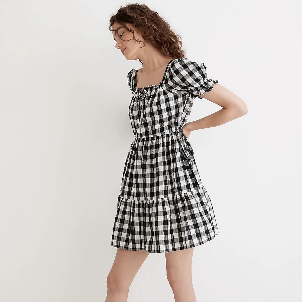 Madewell Square-Neck Tiered Mini Dress in Gingham Seersucker XL
